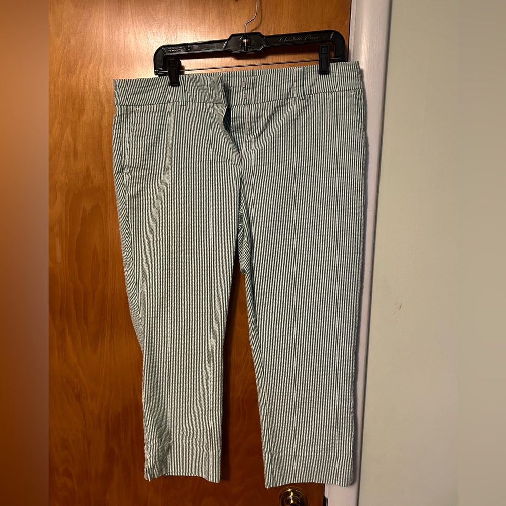 Green white striped searsucker capris
